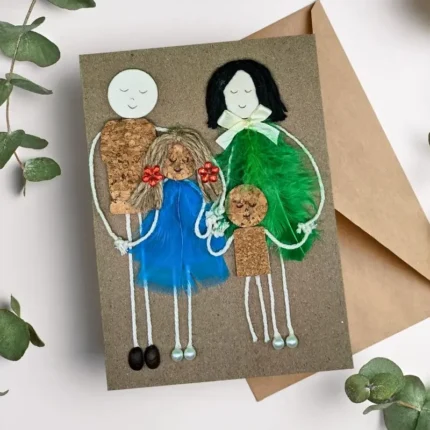 Handmade Personalised Anniversary Card for The Whole Family made of cork, green and blue feathers in the UK.