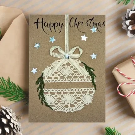 Handmade-Christmas-card-with-lace-ball-wreath-Christmas-wishes