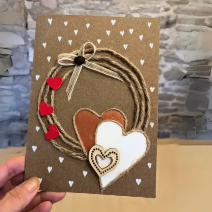 Handmade-valentine's-card-with-hearts-and-a-wreath-on-it