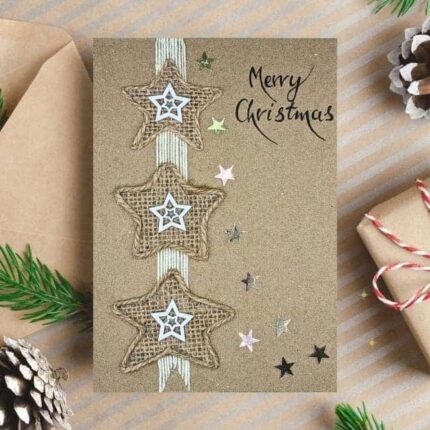 Handmade-Christmas-Card-with-Rustic-Burlap-and-Wooden-Stars