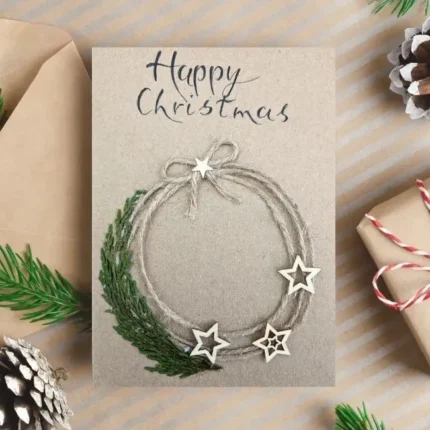 Handmade-Happy-Christmas-card- with-a-circle-wreath-with-silver-stars