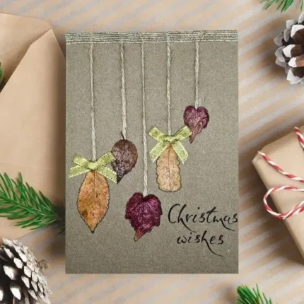 Handmade-Christmas-card-with-four-dried-autumn-leaves